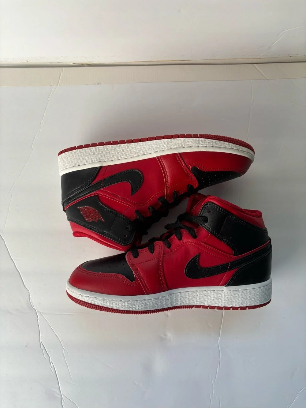 Jordan 1 Mid red/black sneakers. Boys size 5.